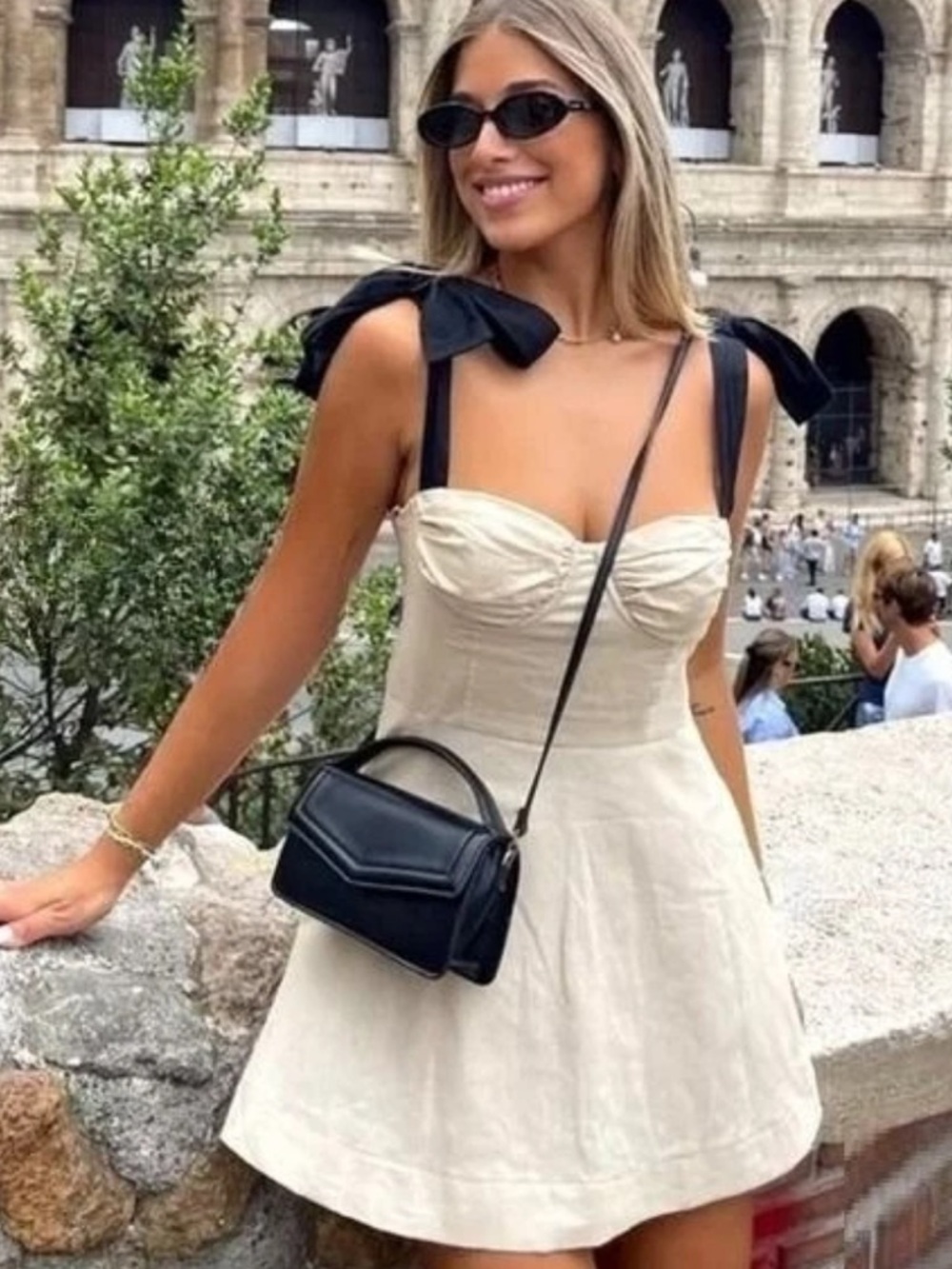 Zara BLOGGERS FAV linen fit and flare corset style Cream Dress w Tie Straps Sz S